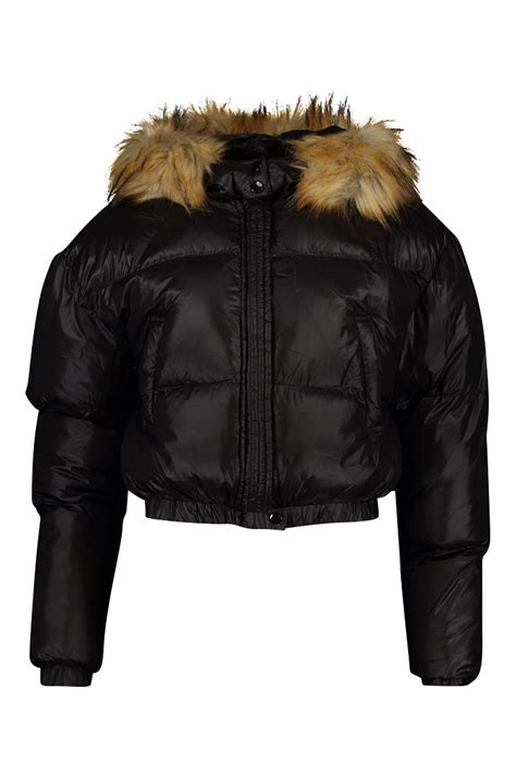 Tall Faux Fur Hooded Crop Padded Coat Boohoo Uk In 2020 Faux Fur