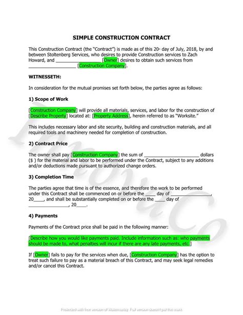 Simple Construction Contract Template Construction Handyman Contract