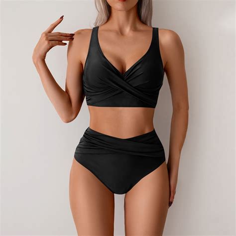 High Waisted Bikini Sets For Women Twist Front Tie Back Piece Bathing Suit V Neck Ruched