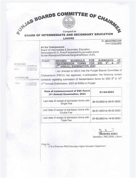 BISE Lahore Issued Revised 9th 10th Annual Exams Registration