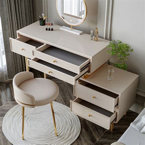 Glam Solid Wood Make Up Vanity White Dressing Table Stool Set With