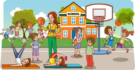 Students And Teacher In Sports Lesson Cartoon Vector Vector