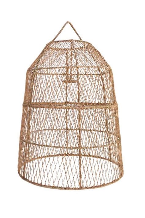 A Brown Rattan Hanging Light Fixture On A White Background