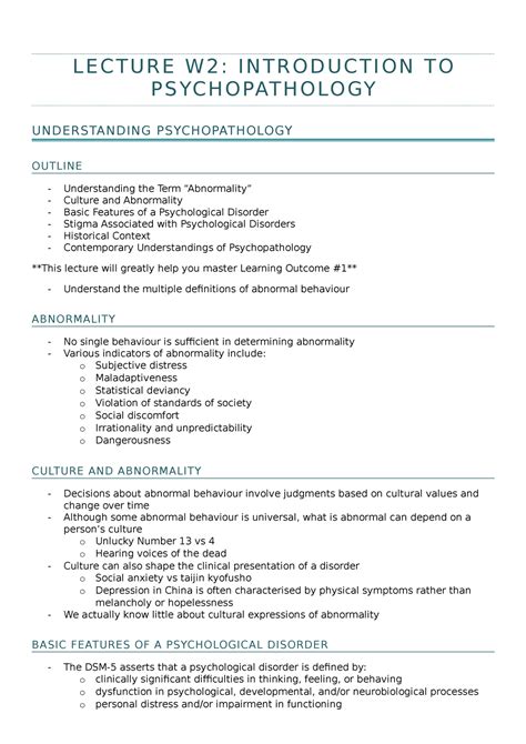 Lecture Week 2 Introduction To Psychopathology Lecture W2 Introduction To Psychopathology