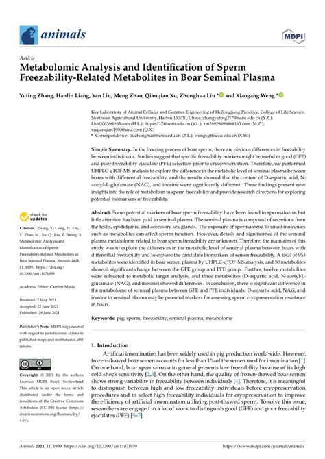 Pdf Metabolomic Analysis And Identification Of Sperm Freezability