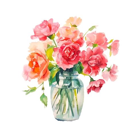 Buquê de aquarela flores rosa selvagem e brancas em vaso Vetor