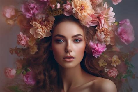 Premium AI Image Beautiful White Girl With Flowers Stunning Brunette