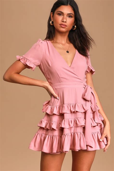 Faux Wrap Mauve Pink Dress Ruffled Mini Dress Tiered Dress Lulus