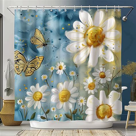 Watercolor Butterfly And Daisy Shower Curtain Yellow And White Floral