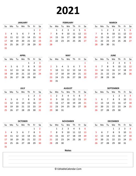 2021 Yearly Calendar With Notes Portrait Orientation