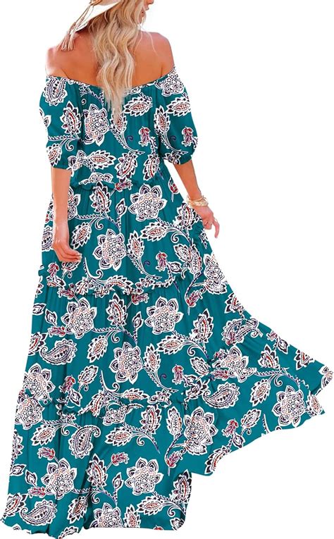 Yesno Women S Summer Casual Off Shoulder Maxi Dress Puff Short Sleeve Bohemian Floral Long Swing