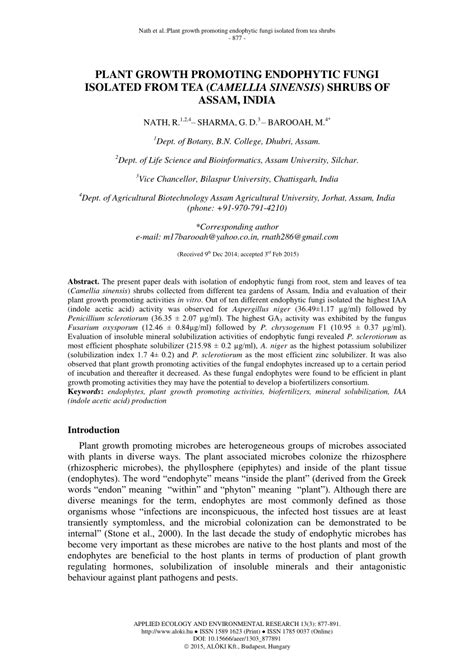 PDF Plant Growth Promoting Endophytic Fungi Isolated From Tea