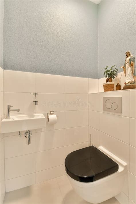 A White Bathroom with a Black Toilet and a Sink Stock Photo - Image of ...