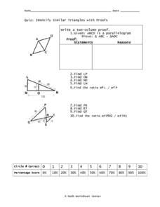 Identify Similar Triangles With Proofs Worksheet for 10th - 12th Grade ...