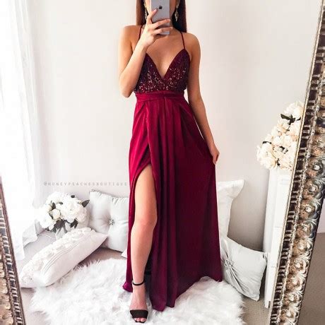 A Line Deep V Neck Floor Length Burgundy Stretch Satin Prom Dress With