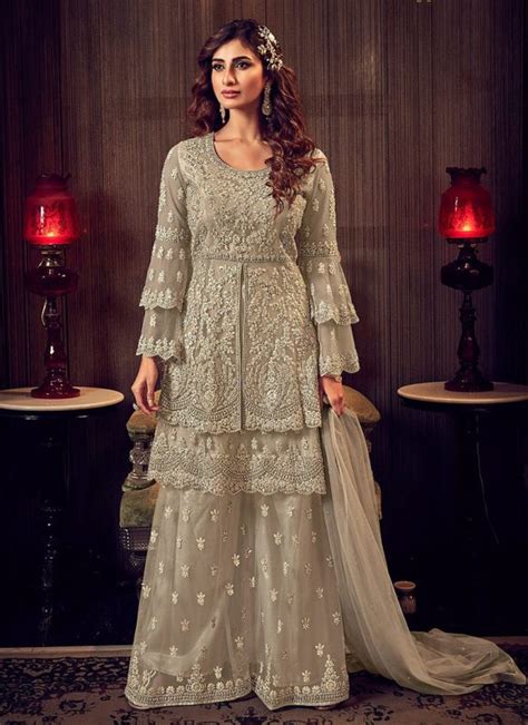 Silver Grey Heavy Designer Work Sharara Suit Indian Heavy Anarkali