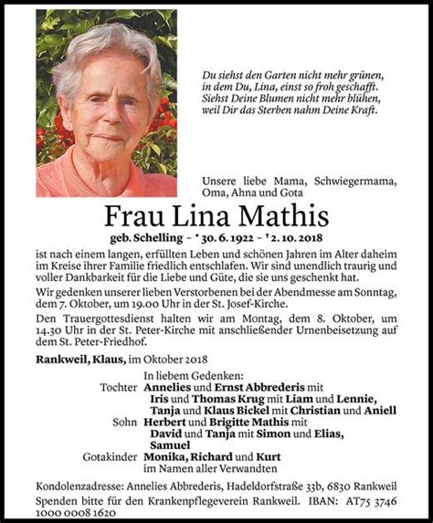 Todesanzeigen Von Lina Mathis Todesanzeigen Vorarlberger Nachrichten