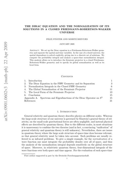 (PDF) The Dirac Equation and the Normalization of its Solutions in a Closed Friedmann-Robertson ...