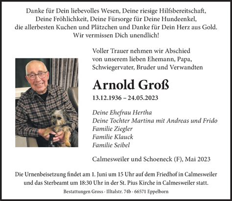 Traueranzeigen Von Arnold Gro Saarbruecker Zeitung Trauer De