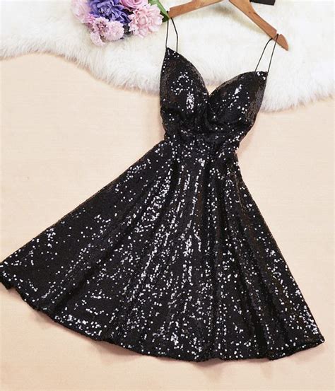 Shiny V Neck Sequins Short Dress Party Dressfabric Sequinscolor Black