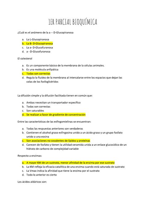 Bioquímica 1 Parcial EXAMEN 1ER PARCIAL BIOQUÍMICA Cuál es el