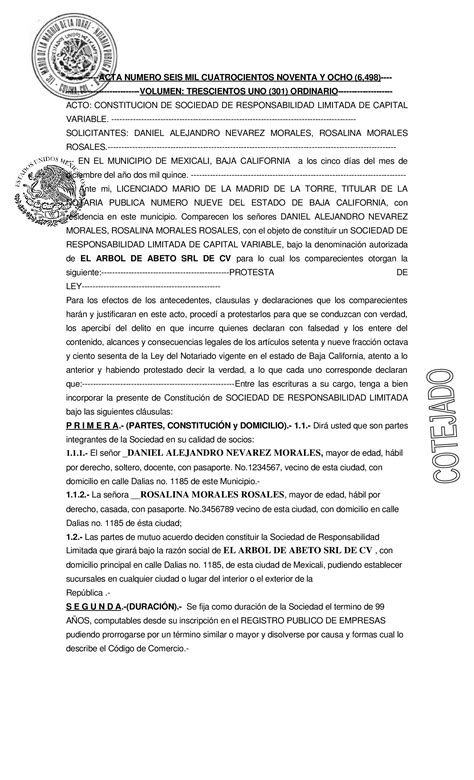 Doc Acta Constitutiva Sociedad Responsabilidad Limitada