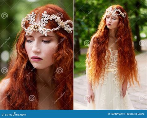 Beautiful Red Haired Girl With Long Curly Hair In The Bride In A Long