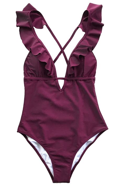 Cupshe Womens One Piece Swimsuit Ruffle Deep V Neck Strappy Swimwear