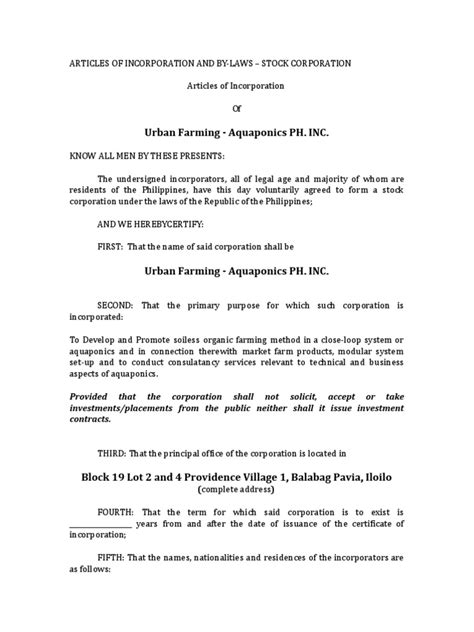 Articles Of Incorporation By Laws And Treasurers Affidavit For Stock Corporation Download Free