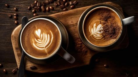 Premium AI Image Cups Cappuccino On A Wooden Surface Background