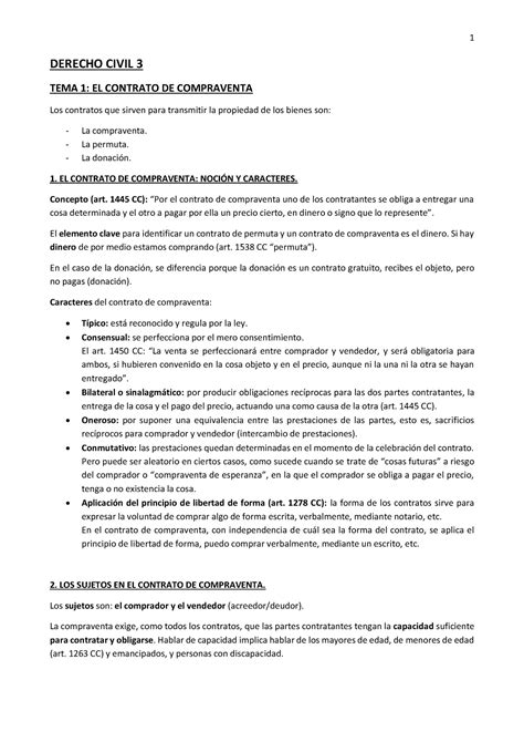 Tema Contrato De Compraventa Derecho Civil Tema El Contrato