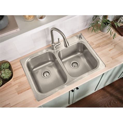 Moen Lainie Dual Mount 33 In X 22 In Stainless Steel Double Offset Bowl 2 Hole Kitchen Sink All