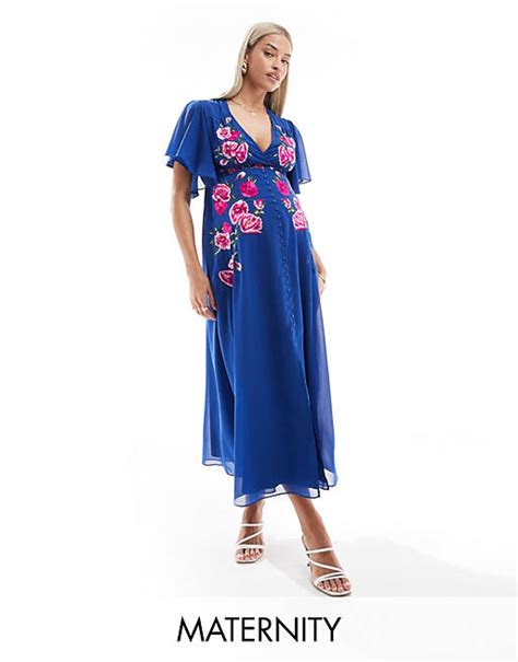 Hope And Ivy Maternity Embroidered Midi Dress With Floaty Sleeves In Blue