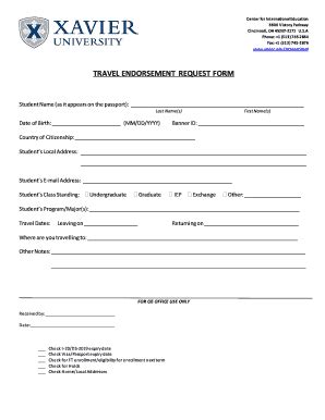 Fillable Online Travel Endorsement Request Form Xavier University Fax