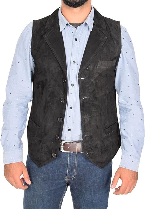 Mens Genuine Black Suede Waistcoat Soft Leather Gilet Classic Western