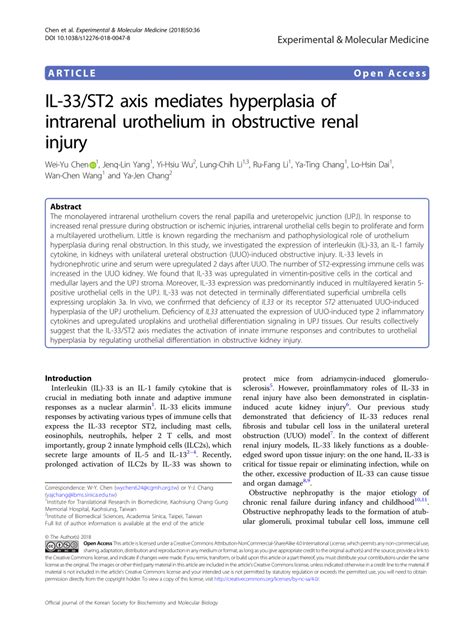 Pdf Il 33st2 Axis Mediates Hyperplasia Of Intrarenal Urothelium In