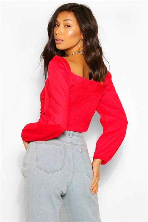 Boohoo Woven Ruched Long Sleeve Crop Top In Red Lyst