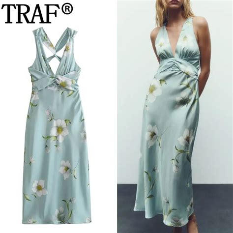 TRAF Vestido de satén con estampado Floral para mujer vestidos largos