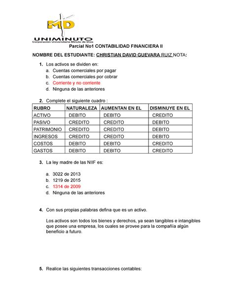 Parcial Primer Corte Contabilidad Financiera Ii Parcial No