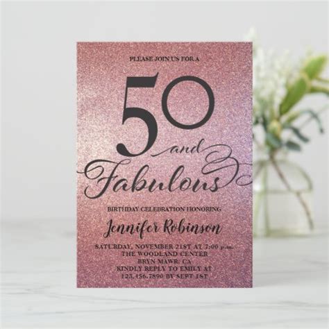 50 Fabulous Rose Gold Glitter Birthday Party Invitation Zazzle