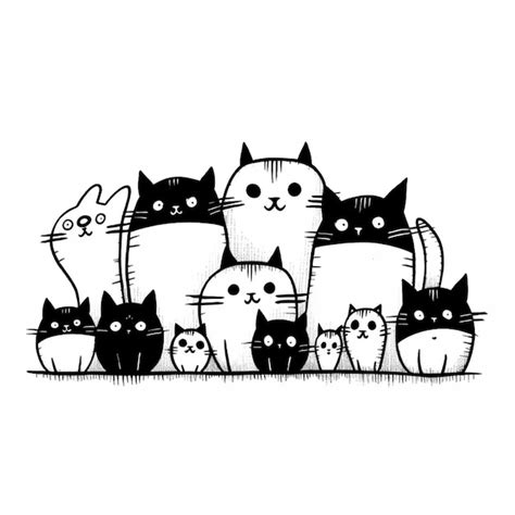 Un Dibujo De Un Grupo De Gatos Sentados Juntos En Una Fila Ai