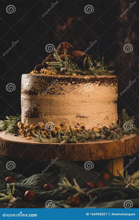 Delicious Naked Chocolate And Hazelnuts Cake On Table Rustic Wood