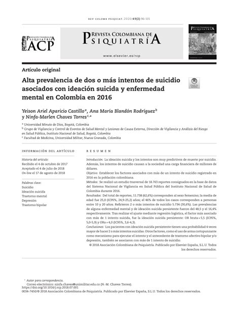 Pdf Alta Prevalencia De Dos O M S Intentos De Suicidio Asociados Con