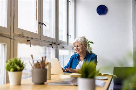 Smiling Mature Businesswoman Using Laptop At Desk In Office Stock Image