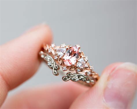 Briar rose three stone with oval lab peach sapphire (fairy queen ring