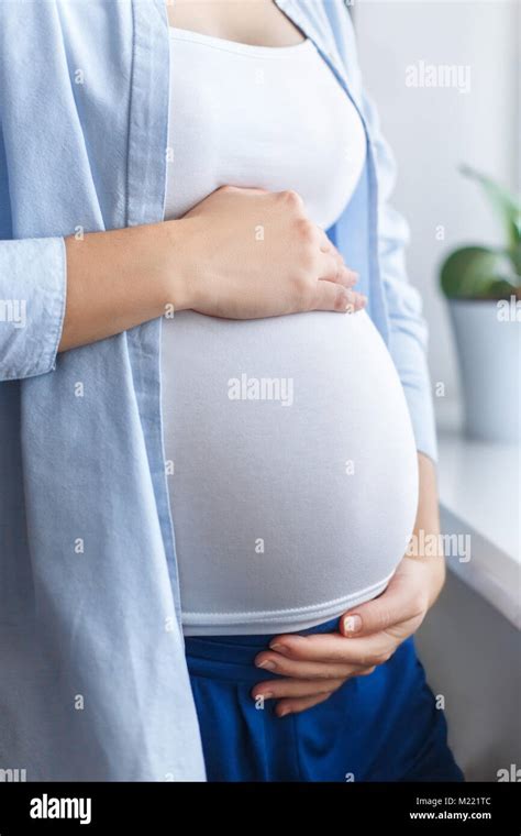 Closeup Pregnant Woman Touching Her Belly Stock Photo Alamy