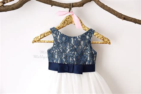 Navy Blue Lace Ivory Tulle Flower Girl Dress M0029