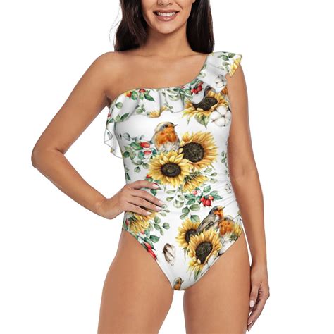 Bingfone Sunflowers Leaves And Birds Print Womens One Piece Swimsuits