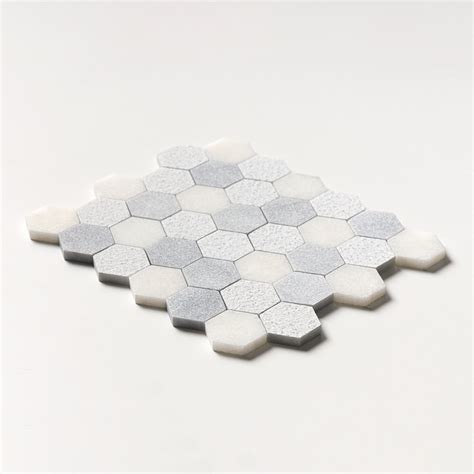 Afyon Grey Light Calacatta T Textured Hexagon Marble Mosaic