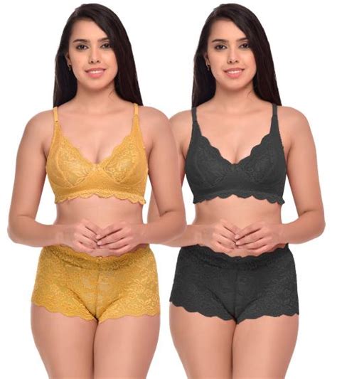 Buy PIBU Trendy Style Yellow Black Bra Panty Set For Women Lingerie Set Pack Of 2 Online At Best